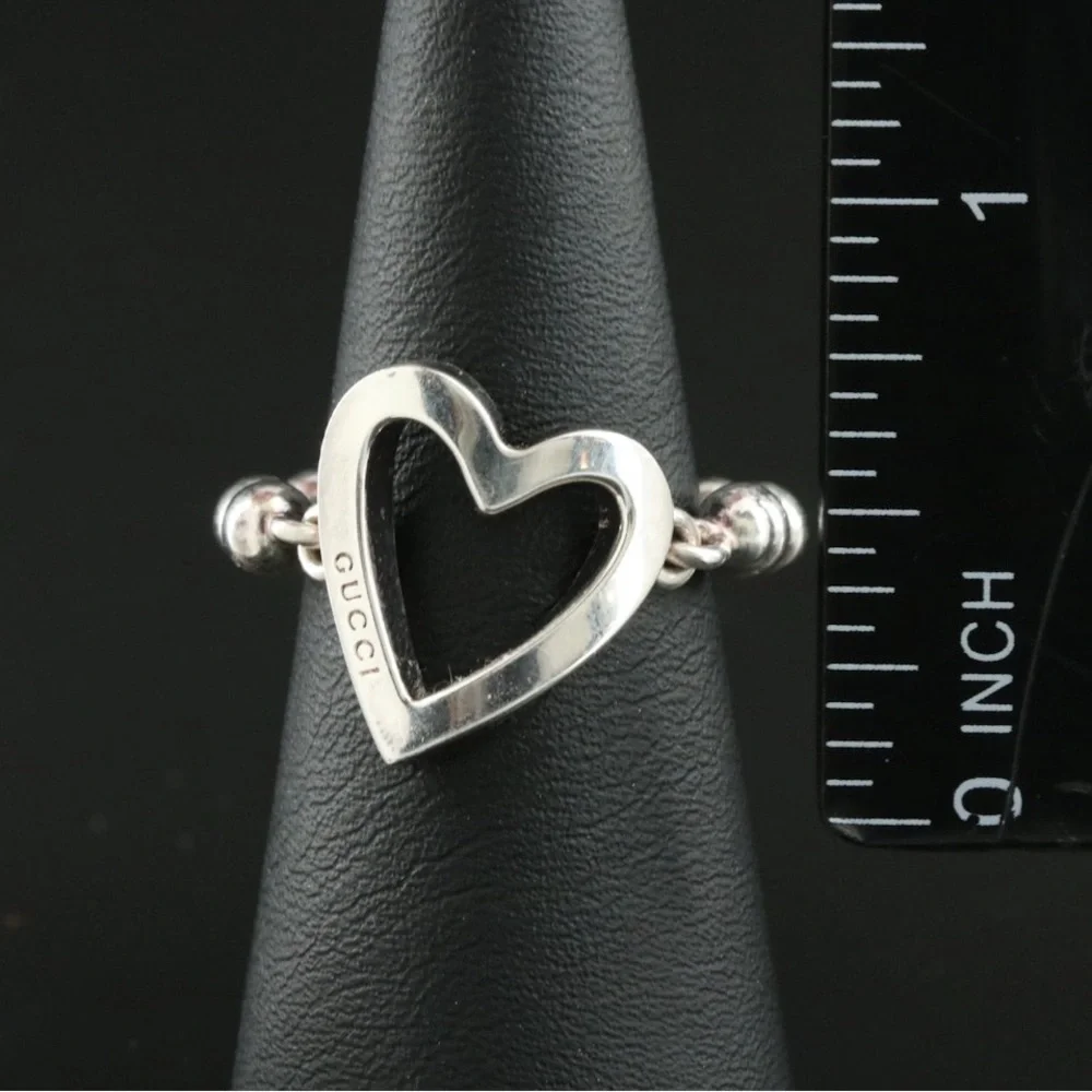 Gucci Sterling Silver Open Heart Beaded Chain Link Ring Sz 6